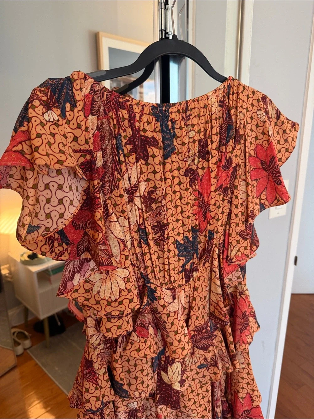 Ulla Johnson Orange Floral Mini Dress with Red & Black Accents